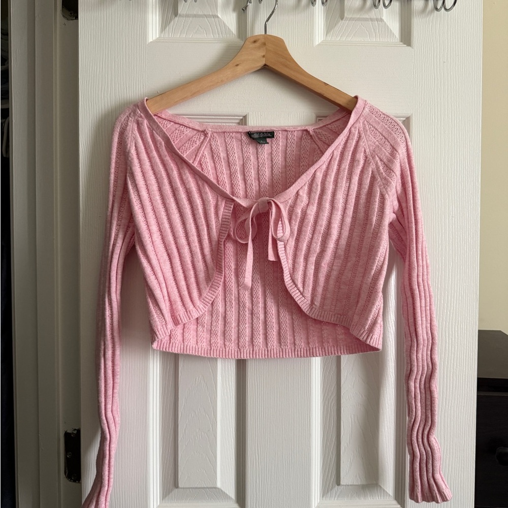 Pink Cropped Pointelle Knit Tie-Front Bolero Cardigan
